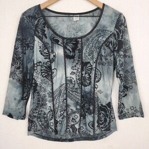 Womens Dark Floral Mesh Top Size L Scoop Neck Whimsigoth Grunge Fairy Y2K